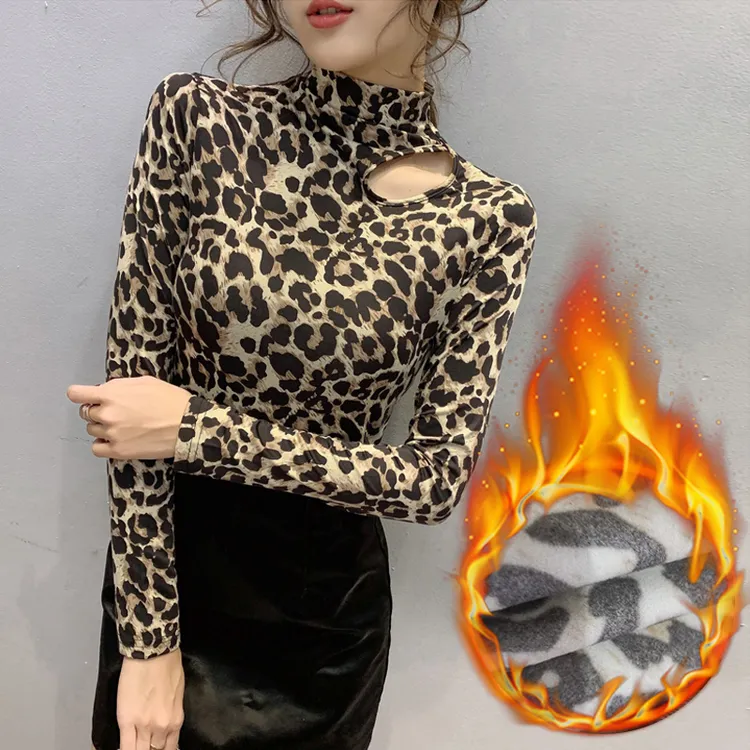 半高领豹纹打底衫202秋冬女装修身显瘦长袖T恤加绒内搭洋气上衣