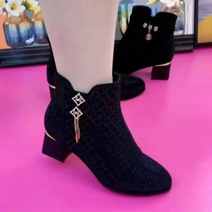 2024年新款时尚百搭舞蹈粗跟透气春夏尖头网靴橡胶软底女士时装靴