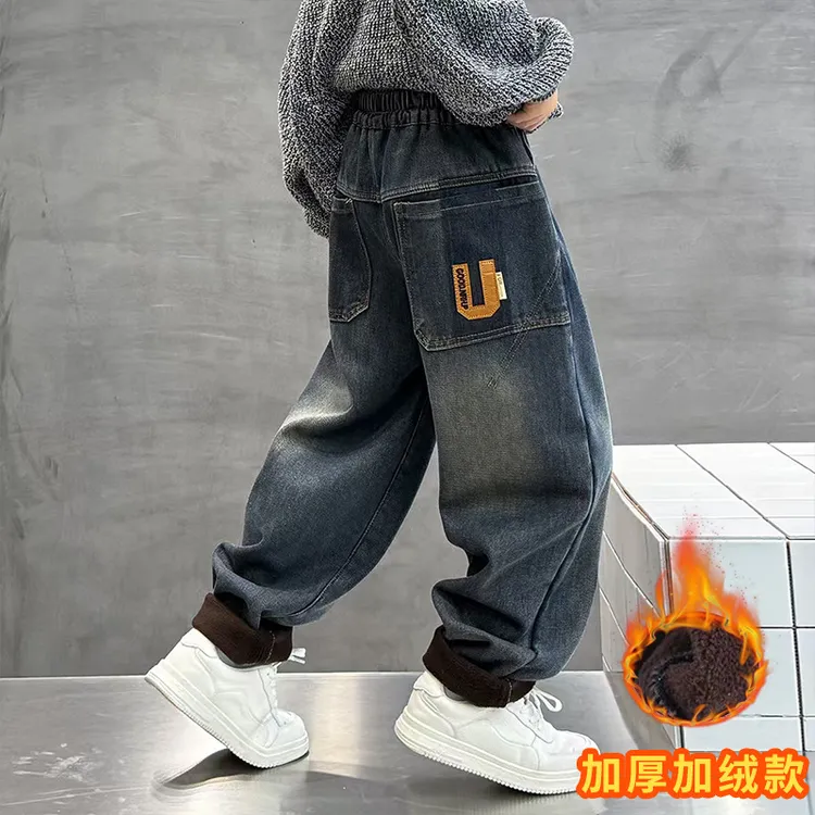 男童牛仔裤冬季加绒加厚牛仔裤中大童保暖棉裤一体绒男童加绒裤子