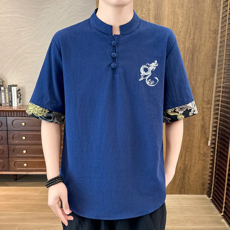 夏季中老年男装爸爸装50-60岁唐装五分袖父亲装盘扣中国风短袖T恤