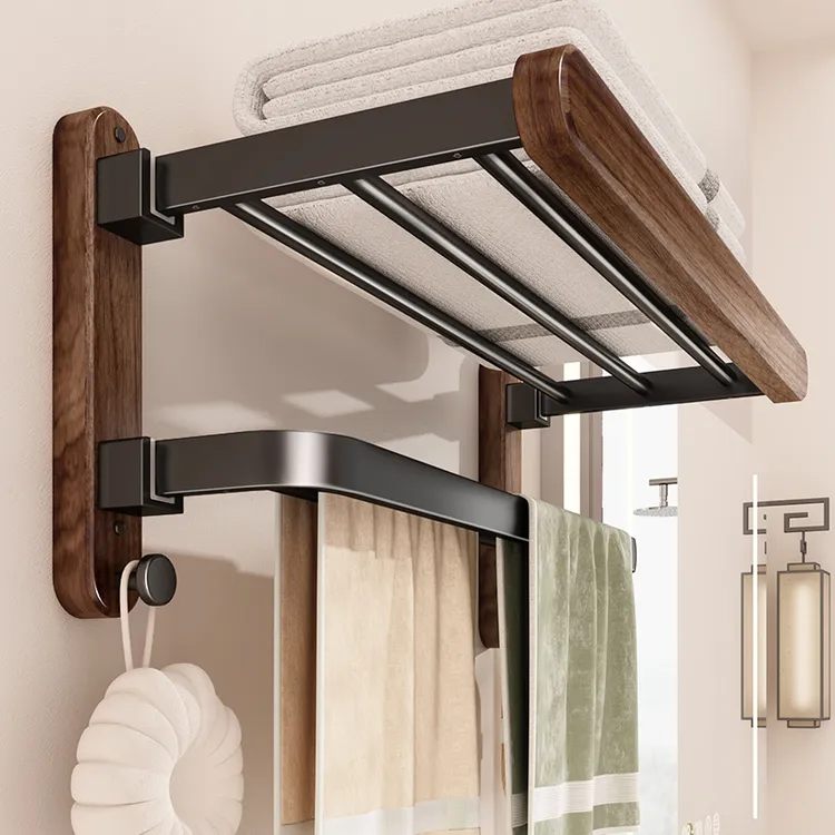 胡桃木卫生间毛巾架免打孔高端浴巾置物架浴室架子洗手间厕所挂件