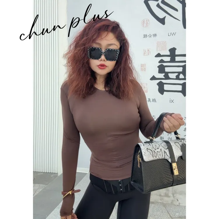 清仓福利 金姐同款欧美轻塑身高弹圆领长袖T恤爆款百搭上衣打底衫