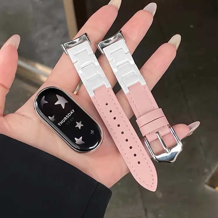 适用于适用小米手环10陶瓷真皮表带皮质小米8/9粉色新款NFC版7/6