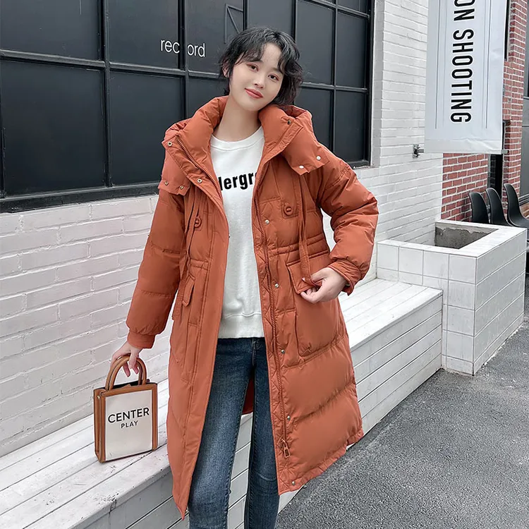 TELLSOR新款过膝羽绒服女士连帽中长款时尚宽松潮流保暖外套