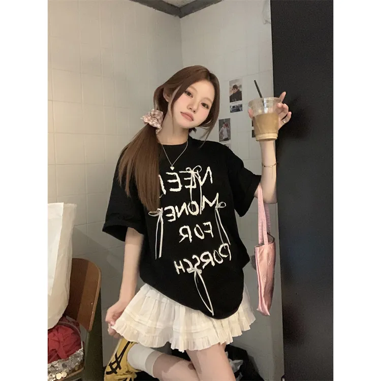 辣妹字母印花蝴蝶结短袖T恤女装夏季新款韩系宽松休闲正肩上衣女