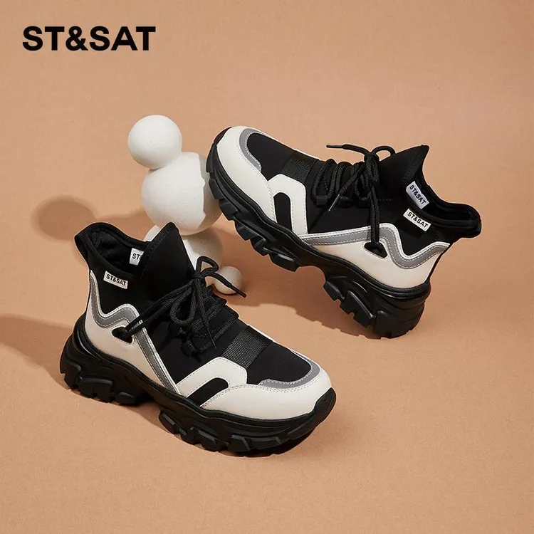 星期六女鞋黑色高帮厚底老爹鞋女2024春春季新款内增高休闲运动鞋