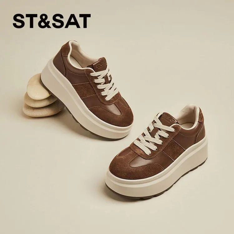 星期六真皮松糕厚底老爹鞋女款2024新款春秋女鞋小个子增高休闲鞋