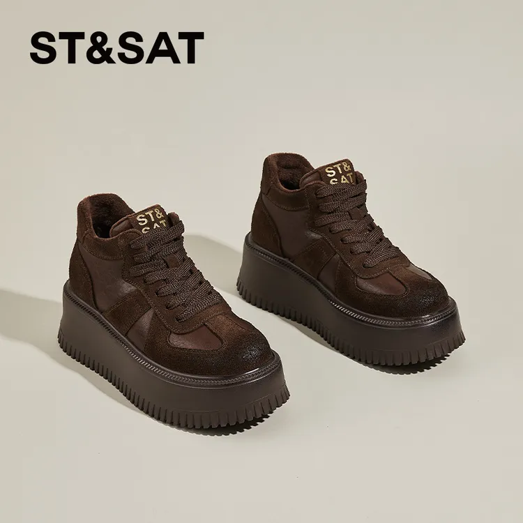 星期六高帮加绒鞋子女2025新款秋冬真皮复古小个子厚底德训鞋休闲