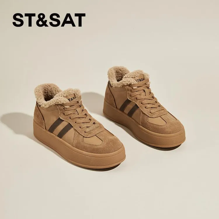 星期六加绒板鞋女复古德训鞋冬季新款中邦高帮女鞋时尚小白鞋棉鞋