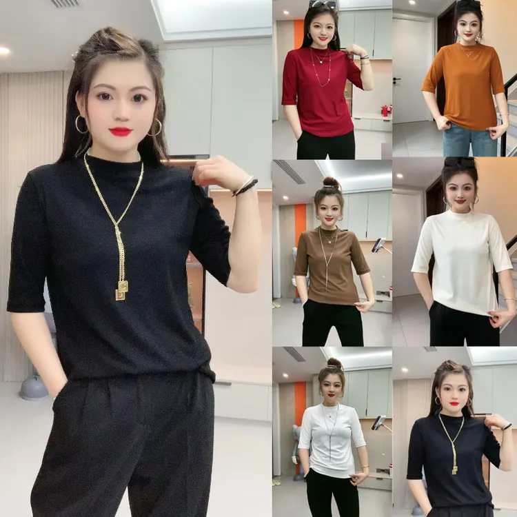 大码女装t恤衫胖mm秋季新款纯色半袖内搭显瘦百搭洋气打底衫-2301