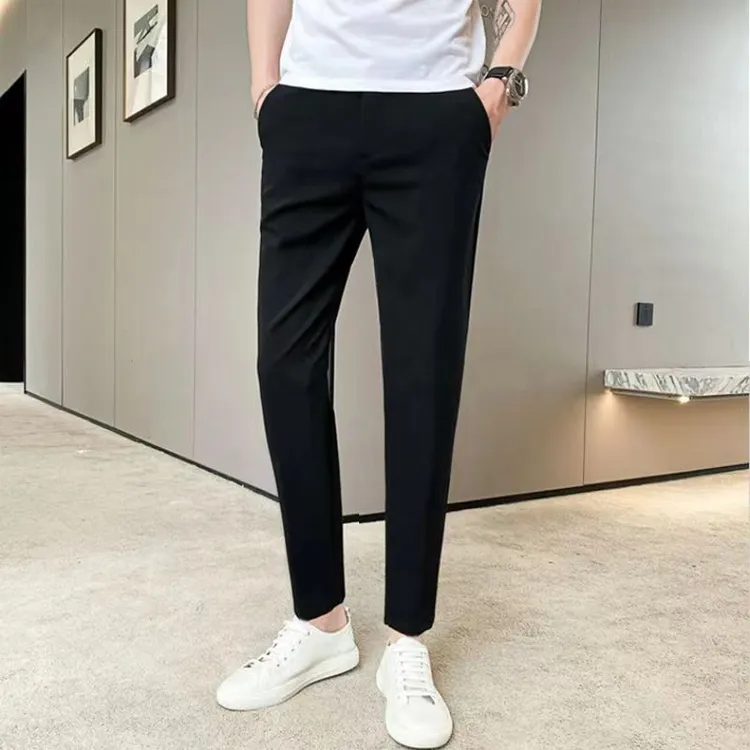 春夏新款男士休闲九分小脚裤修身显瘦百搭西装裤黑色弹力长裤子潮
