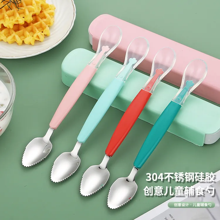 新生儿刮泥勺儿童双头硅胶软勺宝宝幼儿家用餐具辅食勺水果刮泥勺