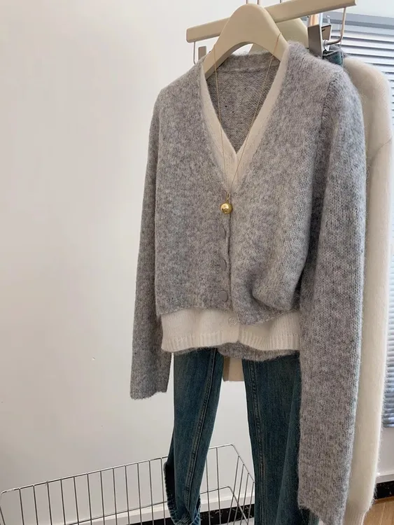 【羊驼绒】v领气质针织开衫毛衣外套女小个子慵懒风入秋韩系穿搭