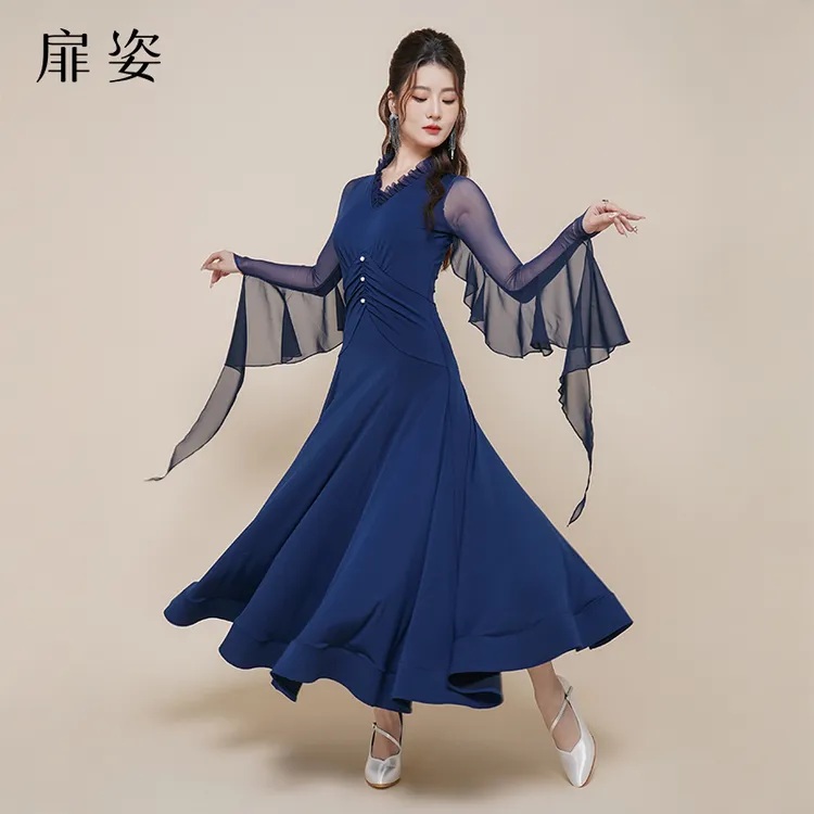 扉姿 摩登舞裙新款专业华尔兹长袖表演裙子交谊舞大摆连衣裙F3045