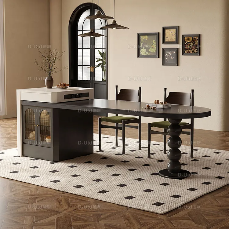 法式复古岛台岩板餐桌一体可伸缩中古风家用黑色小户型轻奢高端款