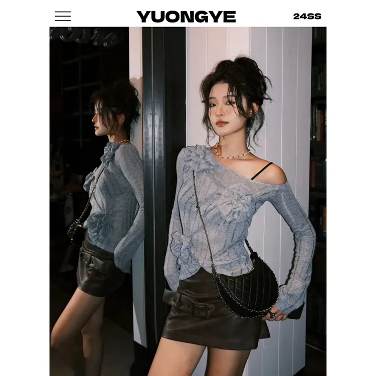 YUONGYE 立体花朵露肩针织衫女辣妹2024秋季新款小众设计长袖上衣