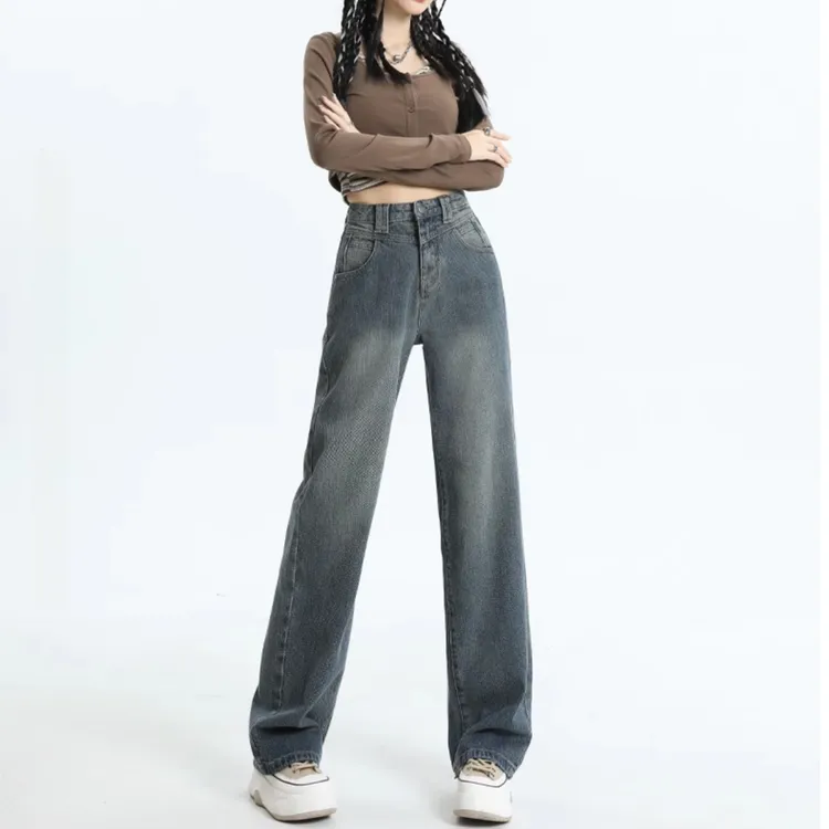星空纹复古高腰阔腿牛仔裤女2025秋季新款宽松显瘦直筒加长拖地裤