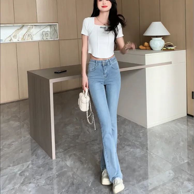 浅蓝色微喇牛仔裤女2024春季新款小个子高腰修身显瘦气质喇叭裤女