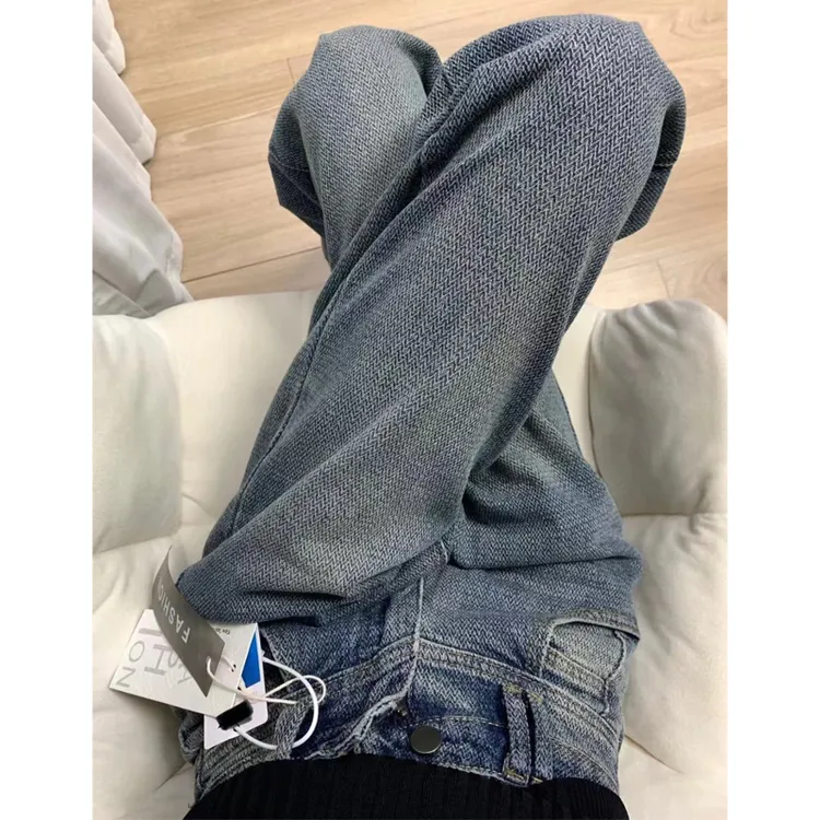 高腰直筒麦穗牛仔裤女2025秋季大码女装胖mm遮胯牛仔裤宽松阔腿裤