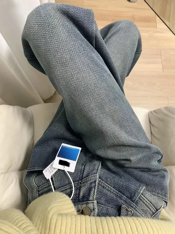 高腰麦穗直筒牛仔裤女大码胖mm2025秋季新款遮胯牛仔裤宽松阔腿裤