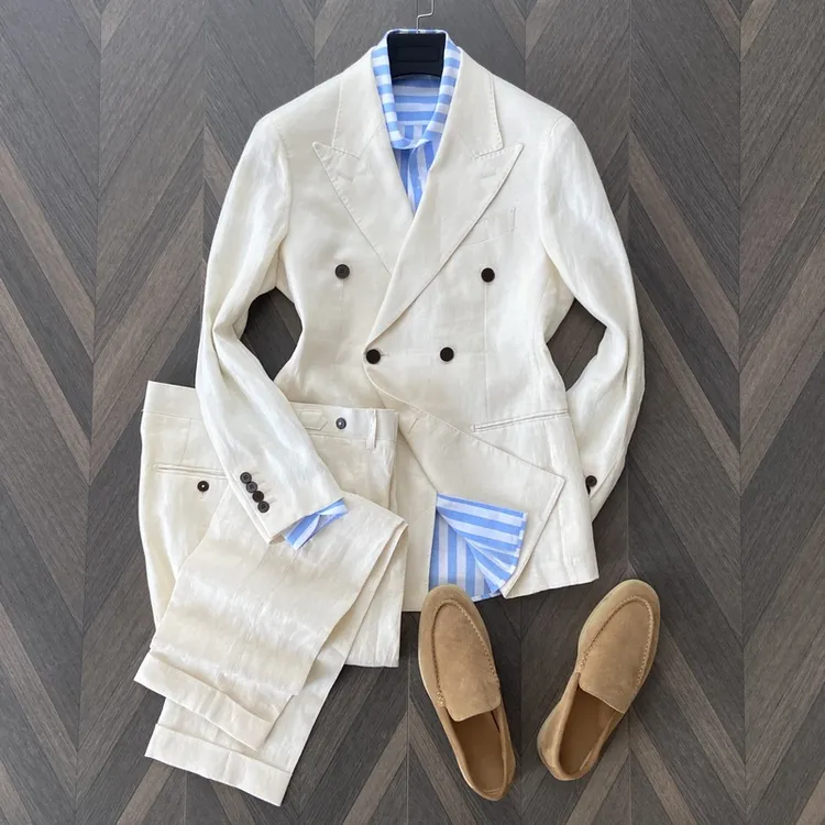 那不勒斯皇后100%法国亚麻戗驳领双排扣西服套装男士无结构西装