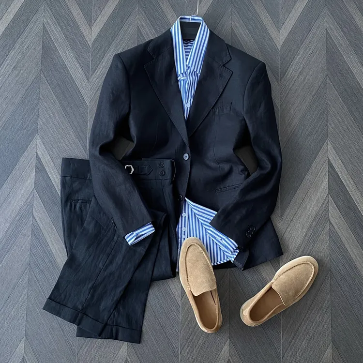 Gssu Gent 高定日本100%亚麻平驳领西服男士无结构两粒扣休闲西装