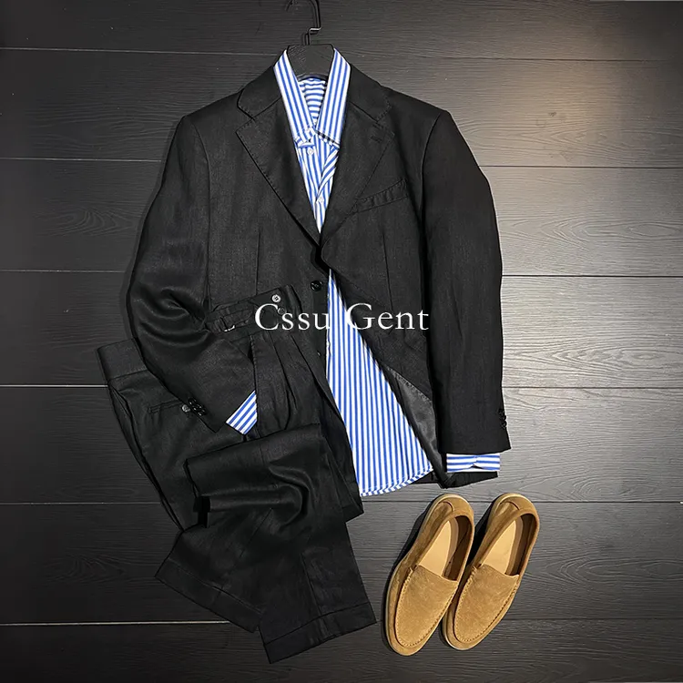 Gssu Gent 高定日本100%亚麻平驳领西服男士无结构两粒扣休闲西装