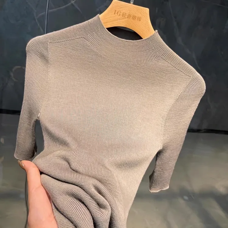 薄款半高领打底衫女半袖针织衫新五分袖修身洋气中袖内搭上衣
