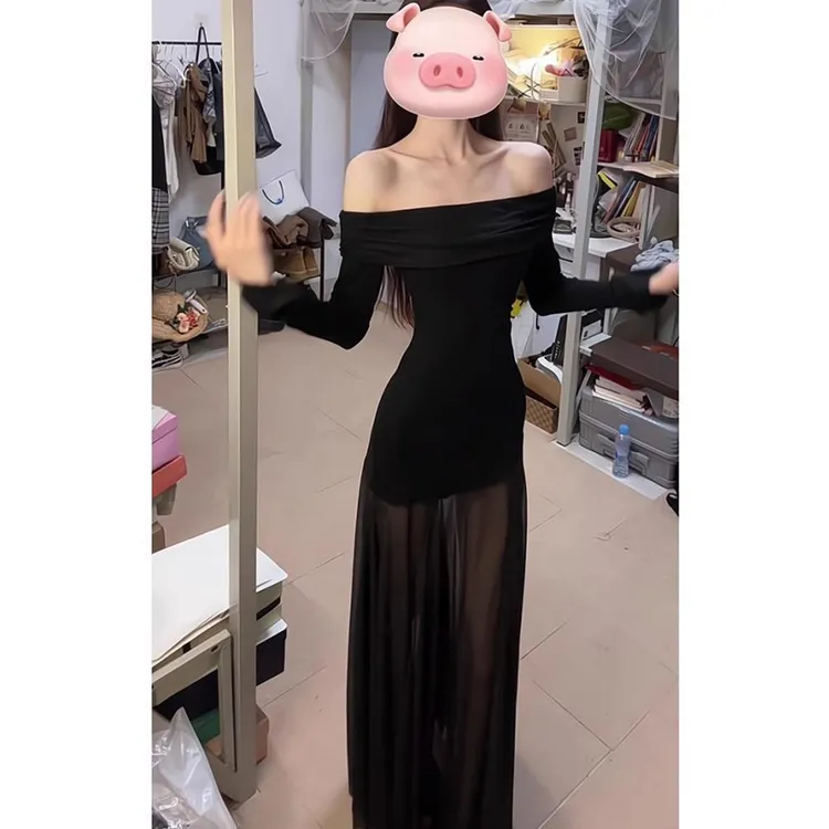 黑色性感网纱拼接长袖一字肩连衣裙女秋季辣妹收腰显瘦包臀长裙子