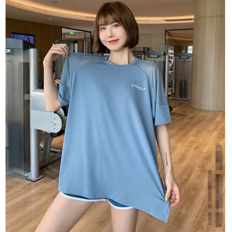 夏季运动短袖宽松大码长款t恤女胖mm健身遮臀网纱透气瑜伽服上衣