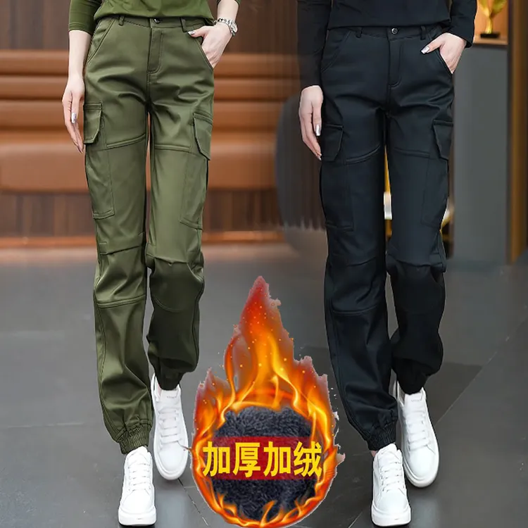 大码加绒工装裤女2025年冬季新款遮肉显瘦休闲裤子加厚多口袋长裤