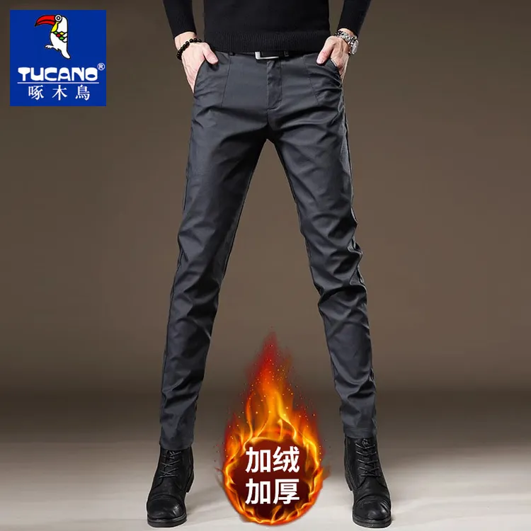 啄木鸟秋冬款高端商务休闲裤男韩版修身弹力西裤免烫加绒小脚裤子