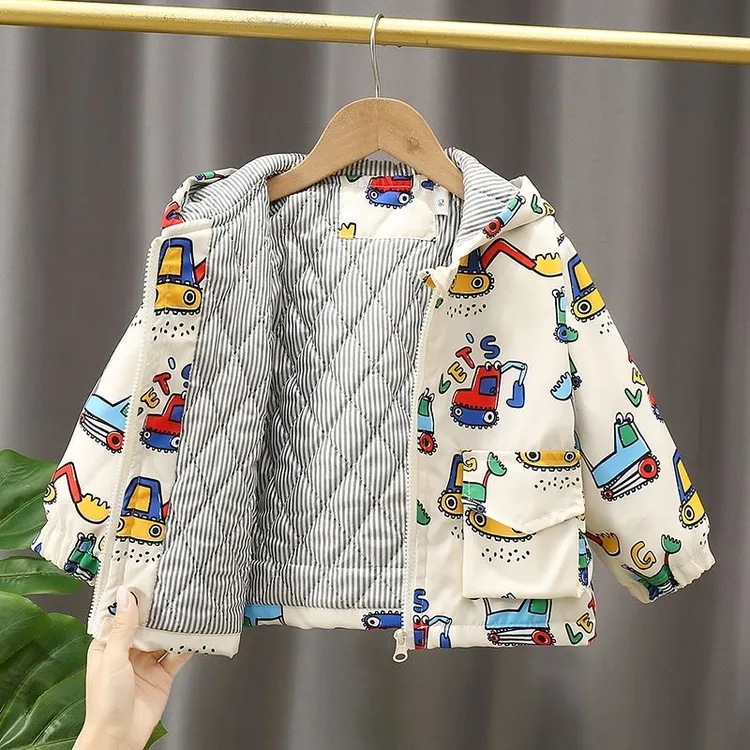 男童外套2025新款卡通风衣婴儿童洋气夹棉小童夹克连帽宝宝外套