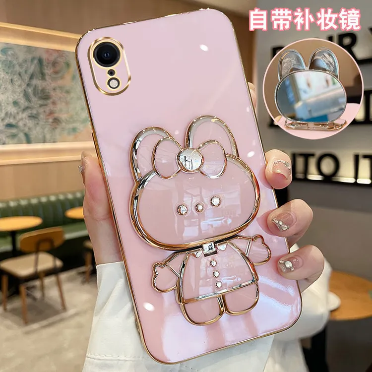 适用苹果XR手机壳兔子补妆镜iPhoneXR全包防摔硅胶网红女款电镀薄