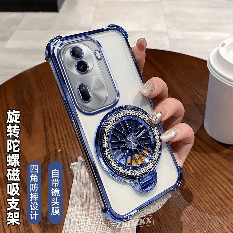 适用OPPOReno11手机壳磁吸陀螺支架镜头全包透明电镀四角防摔超薄
