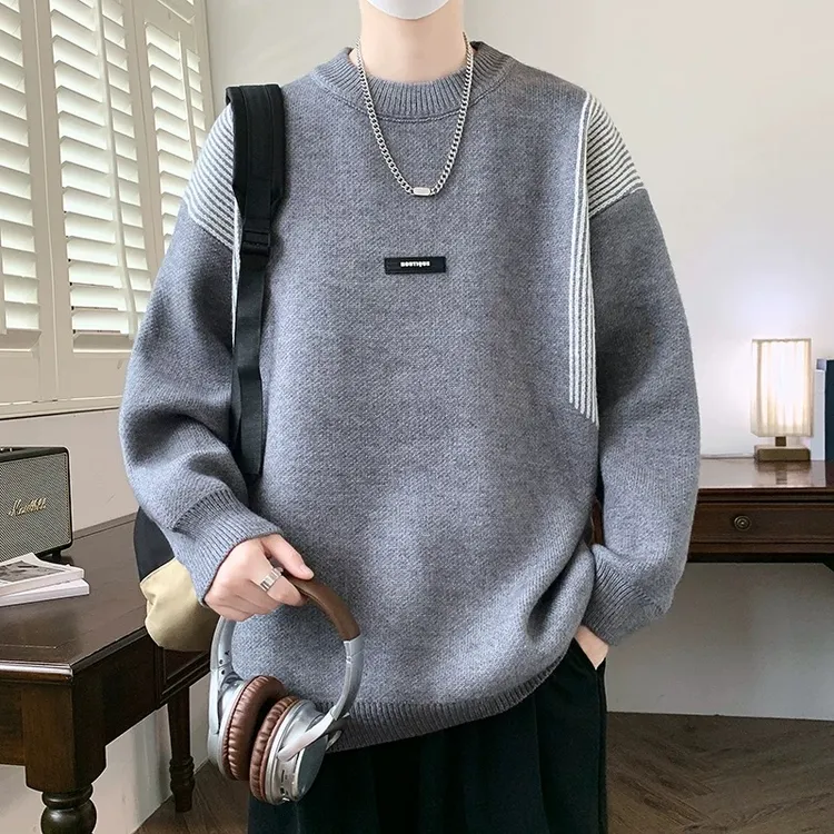 秋冬新款潮流时尚圆领毛衣保暖线衣加厚青少年毛衣15-18岁男款