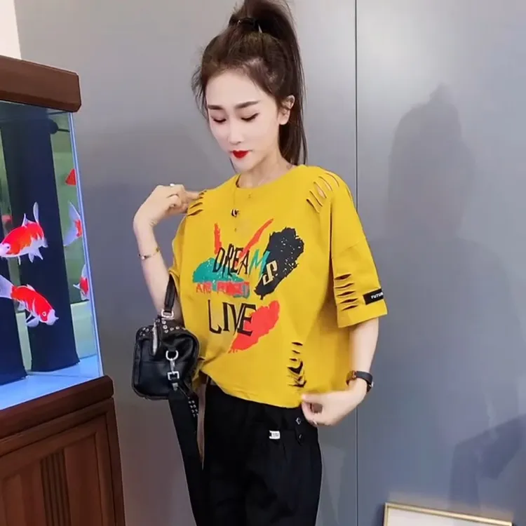 韩版夏季短袖t恤女新款印花破洞百搭减龄宽松显瘦上衣女时尚