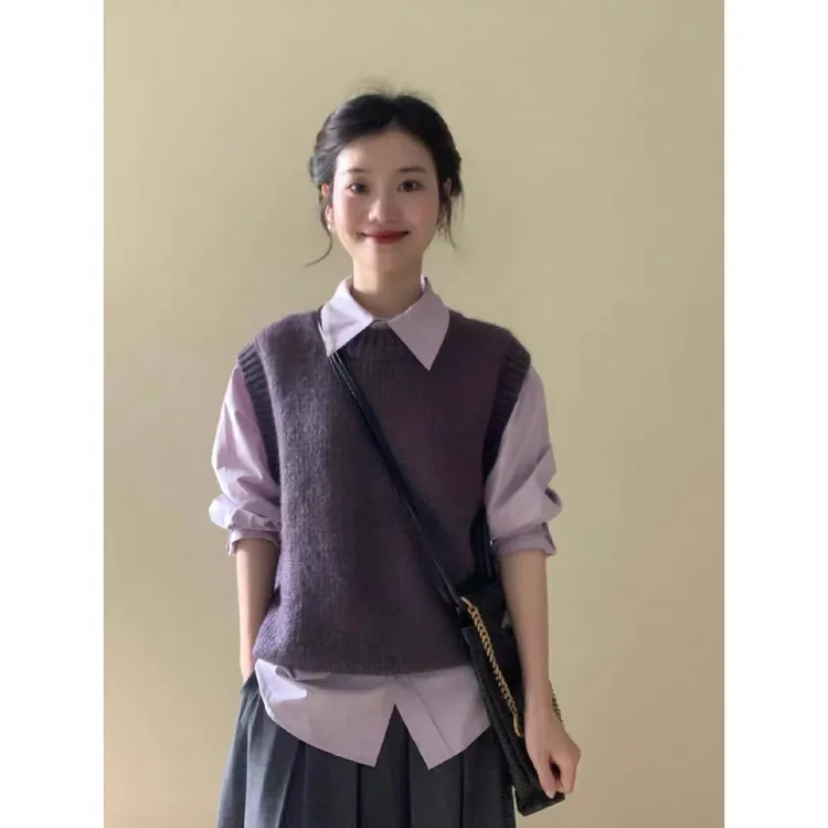 秋季无袖针织背心马甲女紫色极简纯色韩系叠穿设计高级感时髦上衣