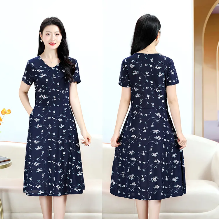 门店259！清爽透气碎花满印气质收腰显瘦V领短袖连衣裙 P0011