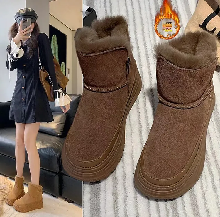 厚底雪地靴女鞋冬季时尚百搭潮流加绒真皮保暖短靴