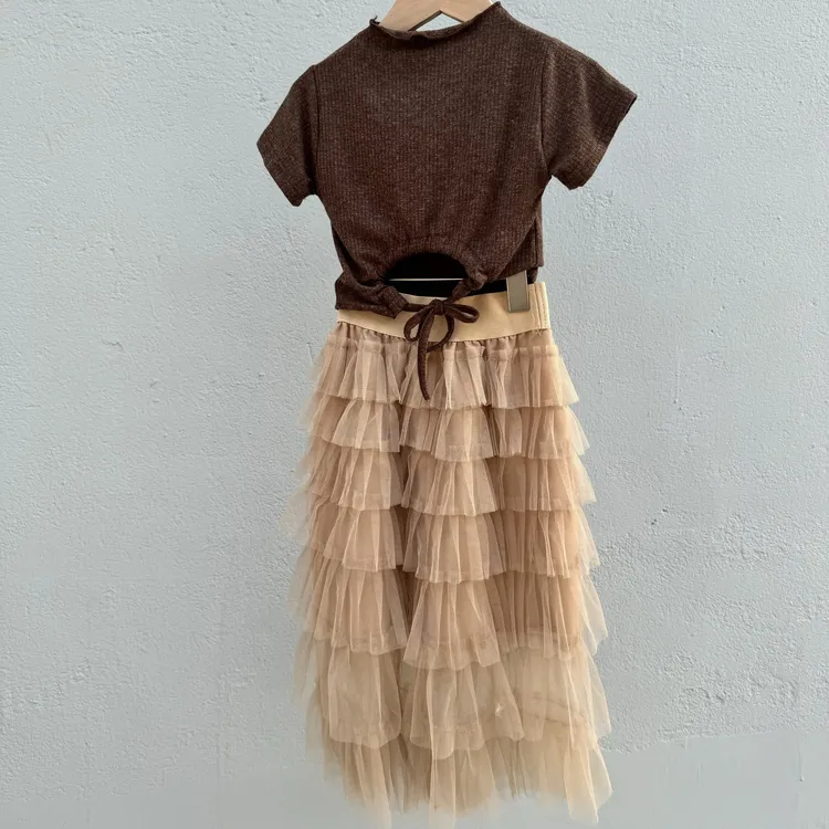 夏季新款露背T恤韩版女童蛋糕裙长纱裙小众ins风套装女宝两件套KW