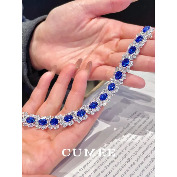 Cumee 925银手链 气质奢华满镶钻欧美时尚款合成蓝宝手链 银镀金