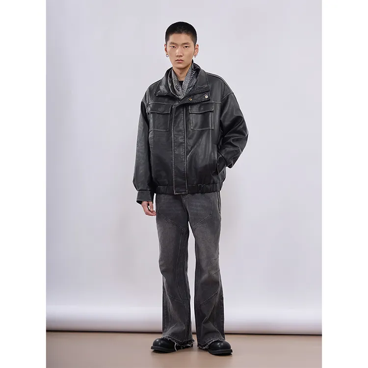 复古做旧美式机车皮衣男春秋季新款潮牌休闲皮夹克外套