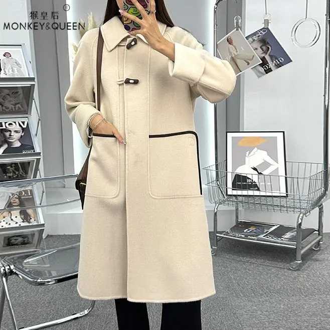 高端牛角扣双面羊绒大衣女长款韩系娃娃领100%羊毛呢外套秋冬新款