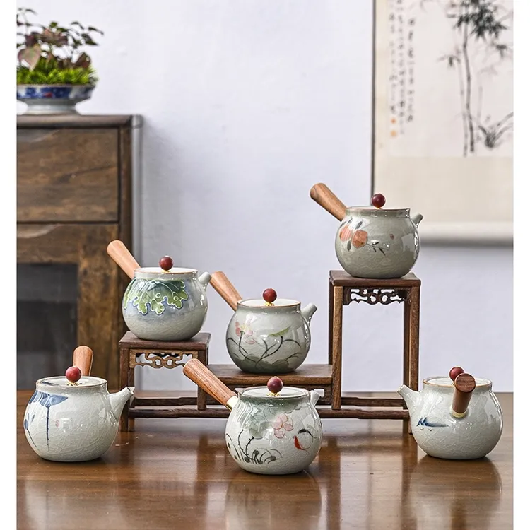 日式家用手绘侧把壶陶瓷釉下彩功夫茶具泡茶壶哥窑开片裂纹单茶壶
