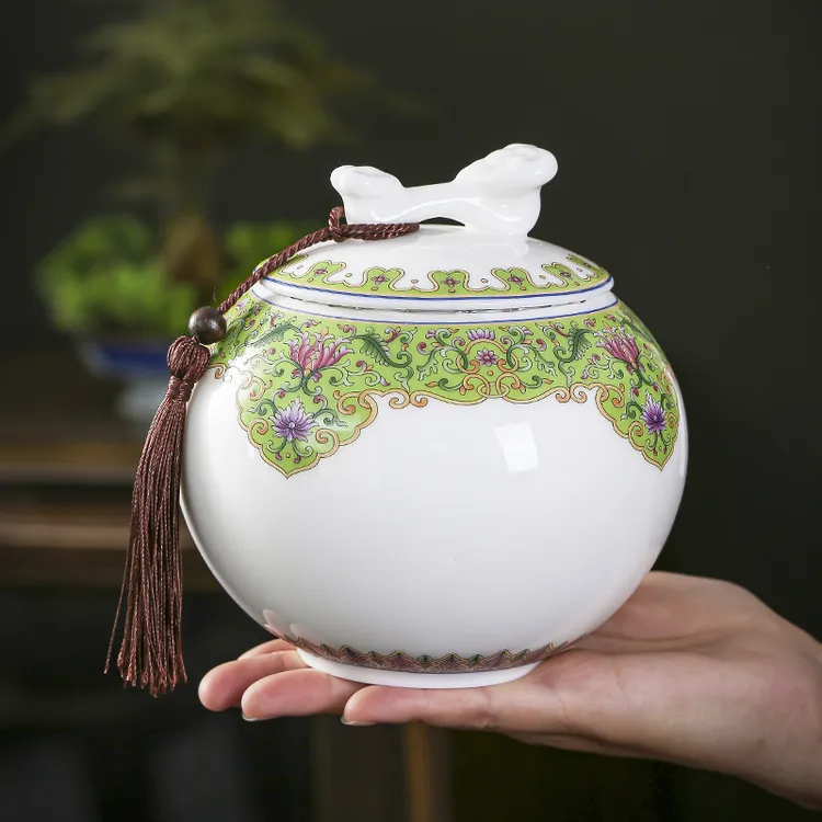 大号高档羊脂玉陶瓷茶叶罐珐瑯彩白瓷储茶罐密封罐茶叶空盒半斤装