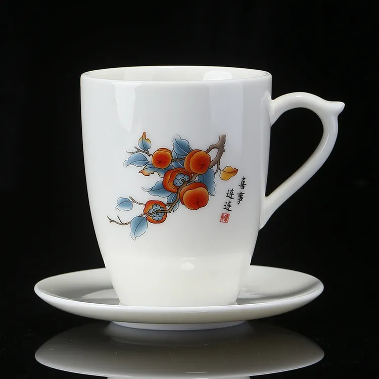 大号家用办公羊脂玉陶瓷带把防烫茶杯300ml白瓷泡茶杯水杯带杯碟