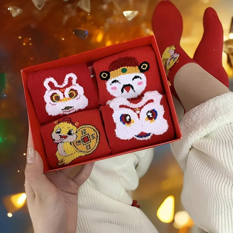 蛇年本命年红袜子个性可爱醒狮财神袜男女同款新年喜庆中筒袜