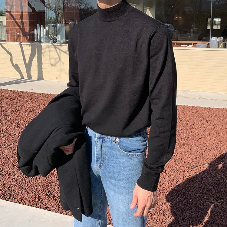 韩版毛线衣半高领毛衣男长袖纯色针织衫中领内搭打底衫港风百搭