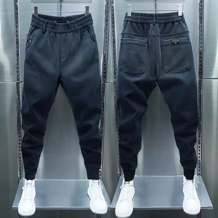 秋冬新款加绒加厚男士休闲裤黑灰色百搭束脚修身牛仔裤弹力松紧腰